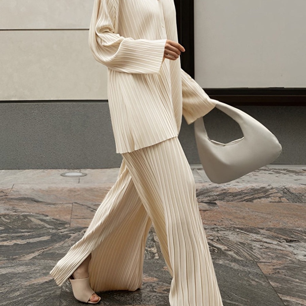 Commense Cream Wide Leg Knit Pants & top co-ords with Ribbed Texture - oversized